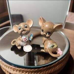 Vtg Mouse Figurines Josef Originals Girl Pink Bow Baby Bib Spoon MCM Cake Topper